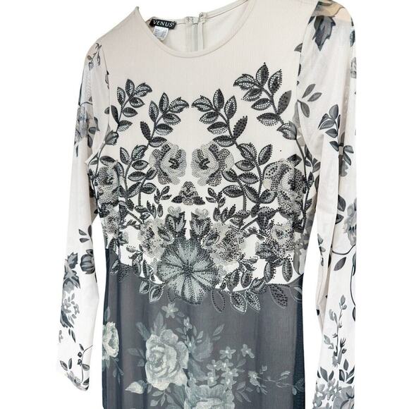 Venus Long Sleeve Mesh Rhinestone Floral Pattern Maxi Dress Gown Womens Small - Picture 5 of 8